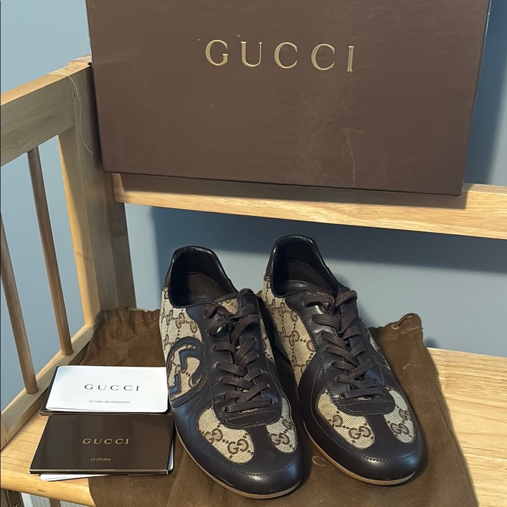 Gucci Brown Monogram Sneakers Like new for being 16 years old. Hardly worn.